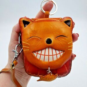 Lucky Cat Coin Purse Leather Maneki Neko Wallet Keychain Fish Charm